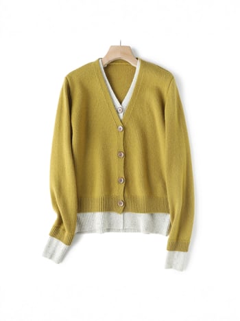 Плетен кардиган с цветово блокиране и ефект на две части, свободен силует, V-образно деколте, дълги ръкави, от вълна