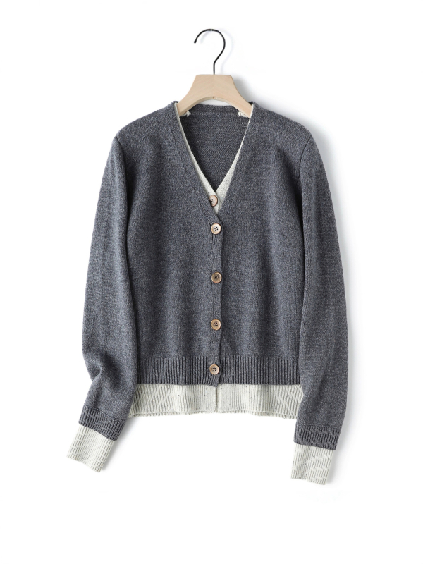 Плетен кардиган с цветово блокиране и ефект на две части, свободен силует, V-образно деколте, дълги ръкави, от вълна