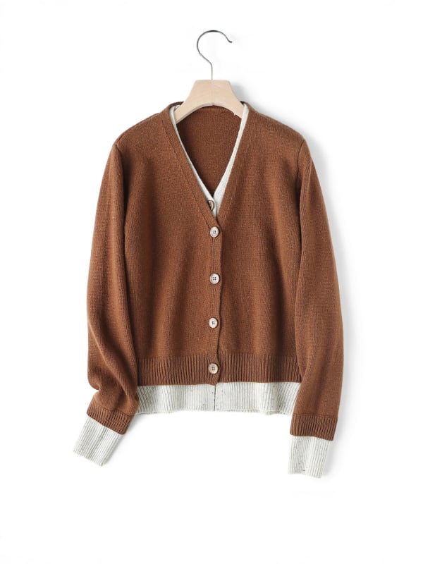 Плетен кардиган с цветово блокиране и ефект на две части, свободен силует, V-образно деколте, дълги ръкави, от вълна