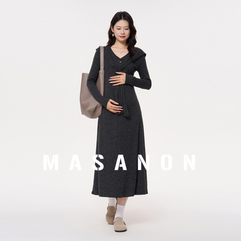 Бременна рокля с V-образно деколте, дълги ръкави, миди дължина, вълнено-бленд плат, полиестер 80–90%