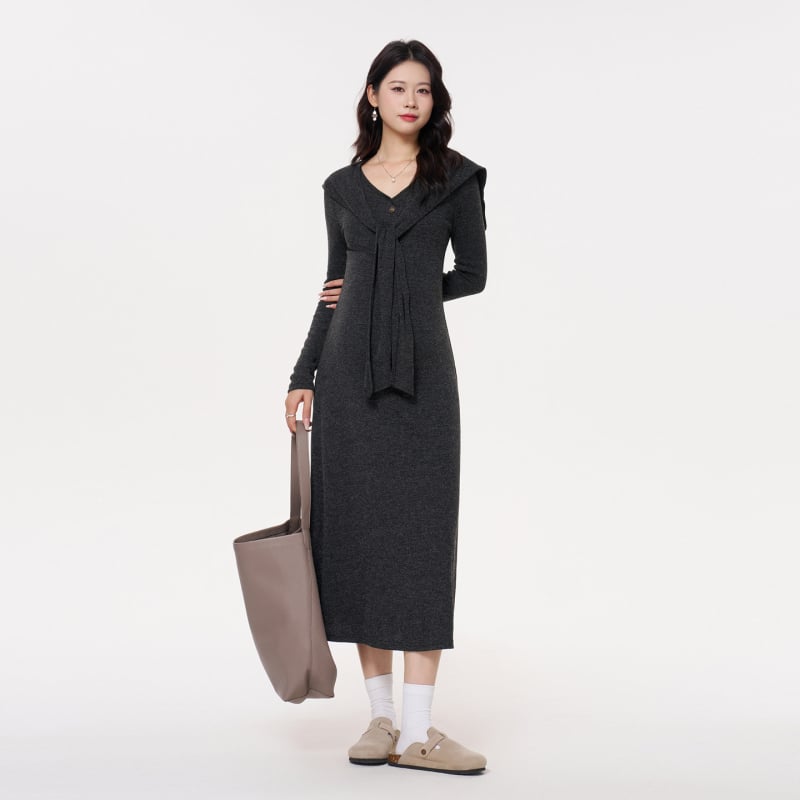 Бременна рокля с V-образно деколте, дълги ръкави, миди дължина, вълнено-бленд плат, полиестер 80–90%