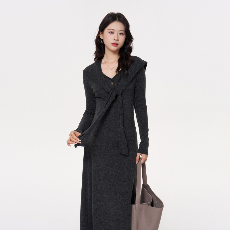 Бременна рокля с V-образно деколте, дълги ръкави, миди дължина, вълнено-бленд плат, полиестер 80–90%