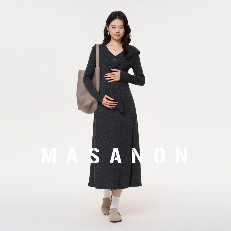 Бременна рокля с V-образно деколте, дълги ръкави, миди дължина, вълнено-бленд плат, полиестер 80–90%