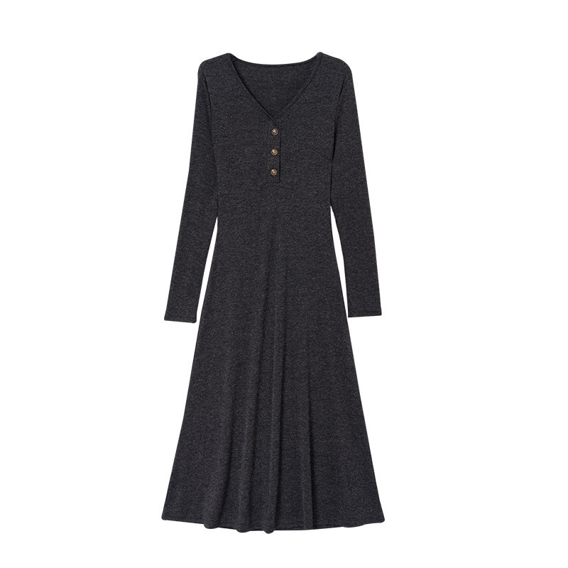 Бременна рокля с V-образно деколте, дълги ръкави, миди дължина, вълнено-бленд плат, полиестер 80–90%