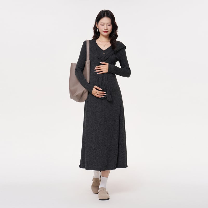 Бременна рокля с V-образно деколте, дълги ръкави, миди дължина, вълнено-бленд плат, полиестер 80–90%