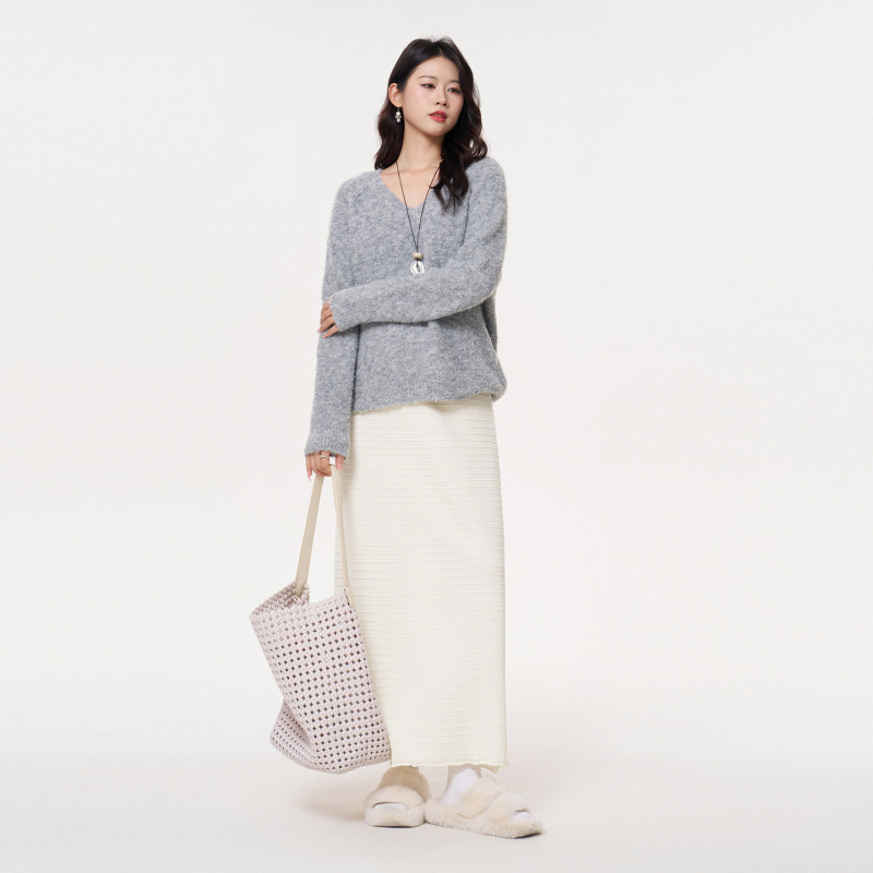 MASANON бременни двучастов комплект: топ с V-образно деколте и пола, дълги ръкави, полиестер, японско-корейски casual стил, есен 2025