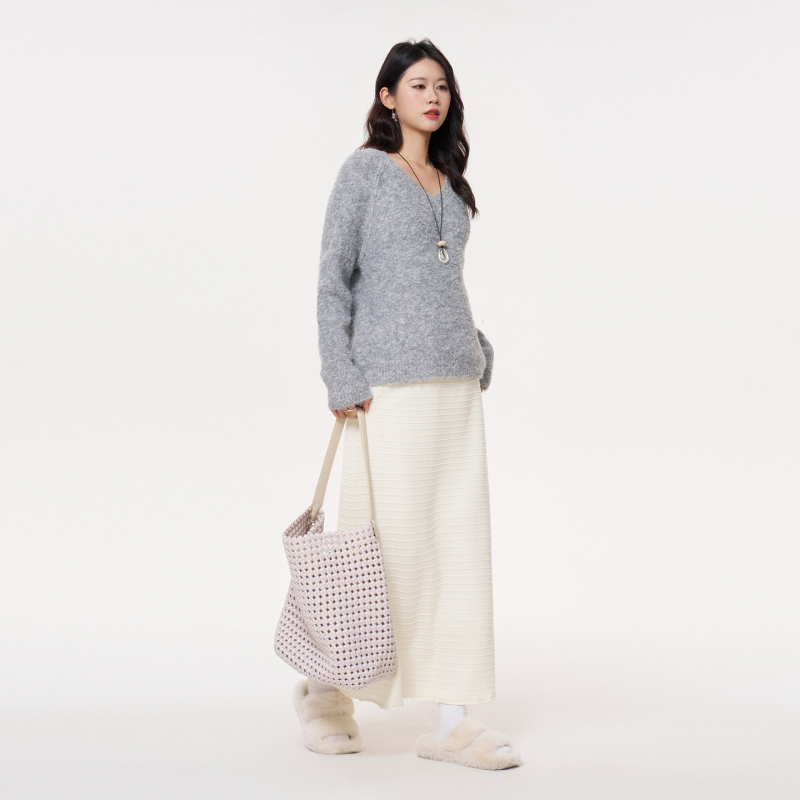 MASANON бременни двучастов комплект: топ с V-образно деколте и пола, дълги ръкави, полиестер, японско-корейски casual стил, есен 2025