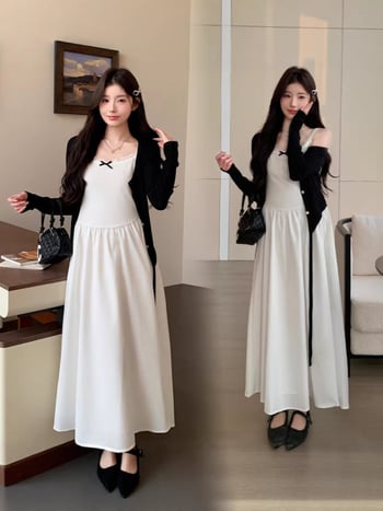 Майчин комплект: лека плетена жилетка и пола, полиестер, дълги ръкави, средна дължина пола