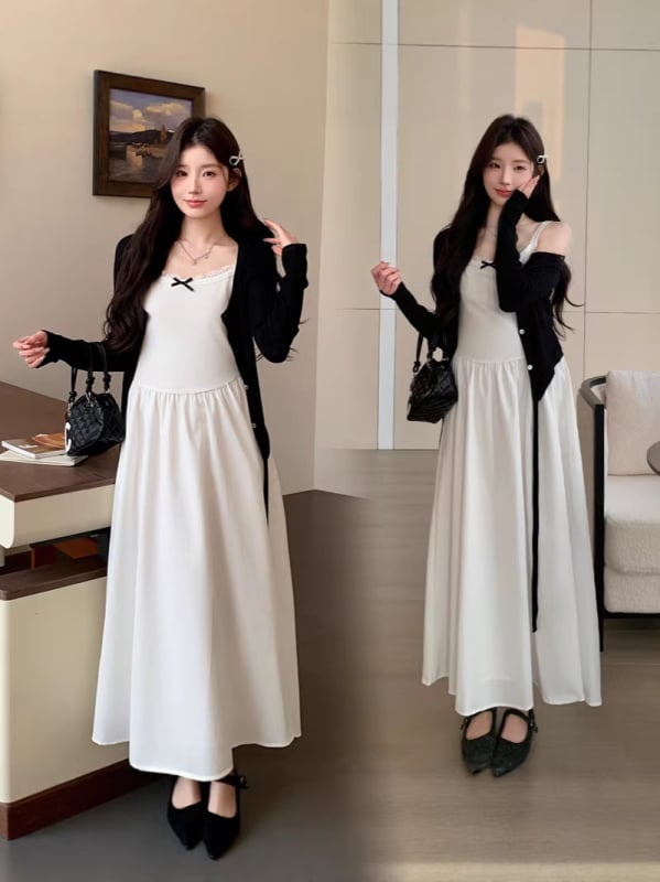 Майчин комплект: лека плетена жилетка и пола, полиестер, дълги ръкави, средна дължина пола