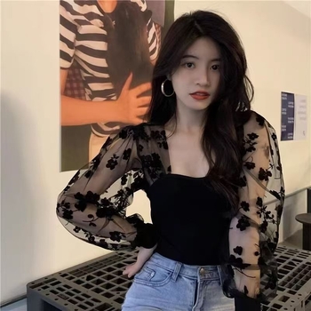 Bluza din dantelă cu mâneci bufante, decolteu pătrat, poliester, imprimeu floral