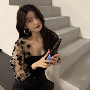 Bluza din dantelă cu mâneci bufante, decolteu pătrat, poliester, imprimeu floral