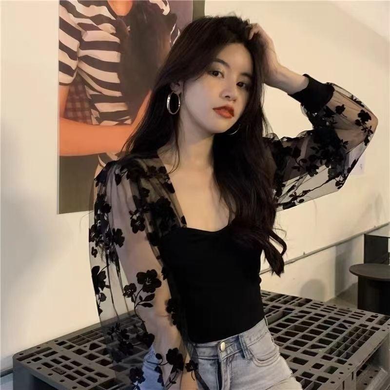 Bluza din dantelă cu mâneci bufante, decolteu pătrat, poliester, imprimeu floral