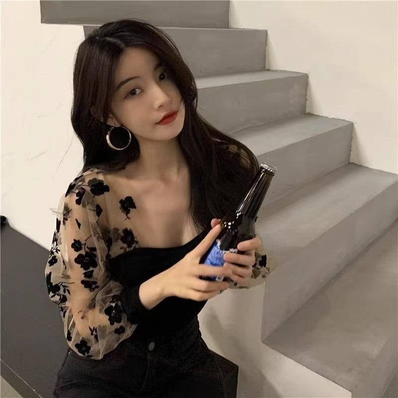 Bluza din dantelă cu mâneci bufante, decolteu pătrat, poliester, imprimeu floral