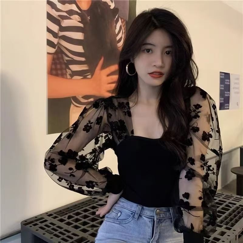 Bluza din dantelă cu mâneci bufante, decolteu pătrat, poliester, imprimeu floral