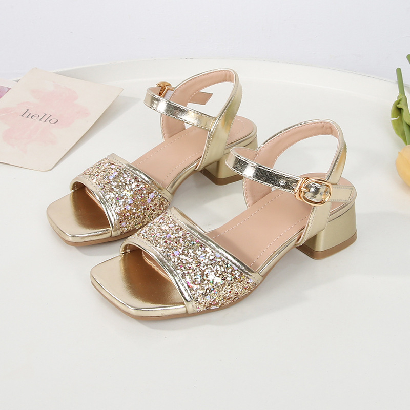 Sandale cu toc înalt pentru fete, paiete, partea superioară din piele artificială, curea cu cataramă, talpă TPR, primăvara 2025