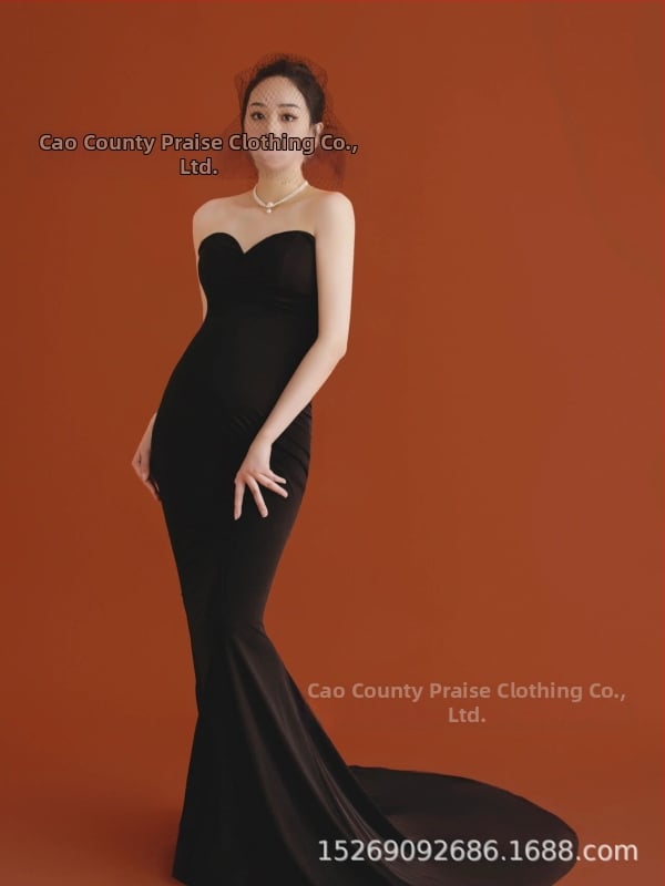 Платьe за фотосесия на бременна, корейски стил, без презрамки, без ръкави, едноцветна полиестерна материя (90%), лято 2022