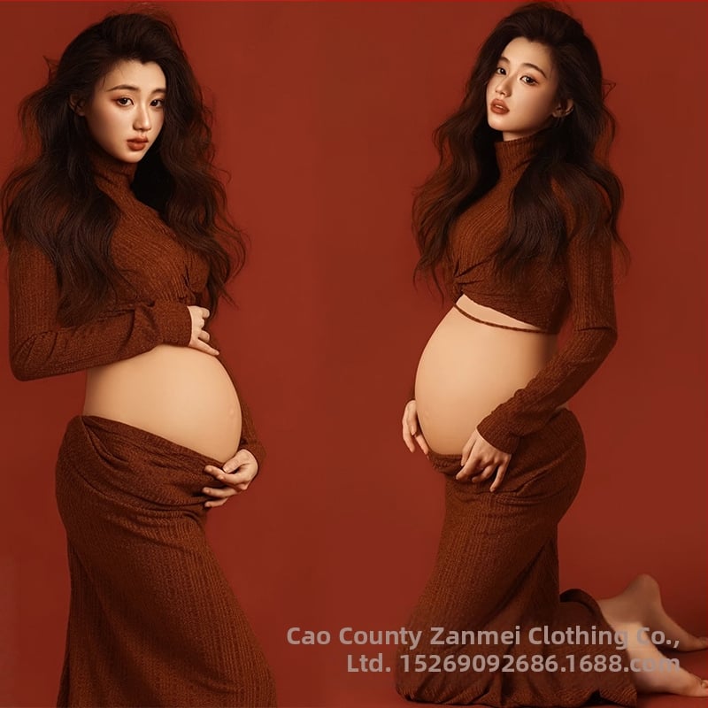 Комплект за фотосесия на бременна – дълъг ръкав, полиестер, съдържание полиестер 50–70%, есен 2025, стил литературно ретро