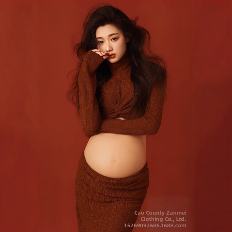 Комплект за фотосесия на бременна – дълъг ръкав, полиестер, съдържание полиестер 50–70%, есен 2025, стил литературно ретро