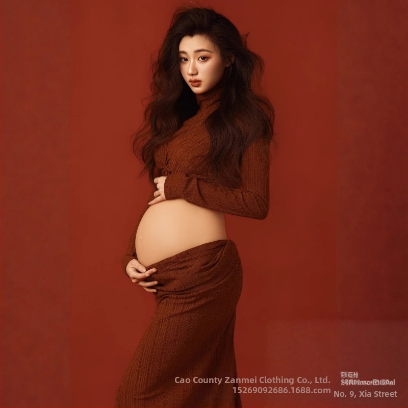 Комплект за фотосесия на бременна – дълъг ръкав, полиестер, съдържание полиестер 50–70%, есен 2025, стил литературно ретро