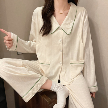 Комплект пижами за бременни и кърмещи, 100% памук, дълги ръкави, панталони, дебел плат, ежедневен стил, за всички сезони