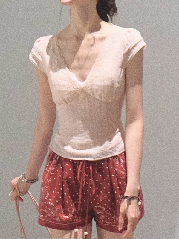 Top Lyocell T-shirt cu dantelă dublă, decolteu în V cu bretele, croială Slim fit, mâneci scurte