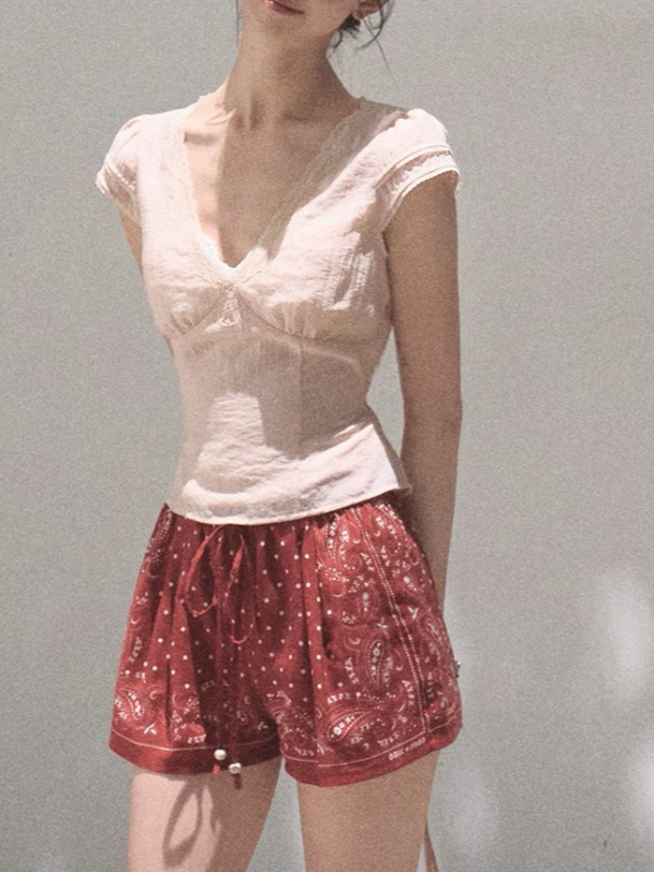 Top Lyocell T-shirt cu dantelă dublă, decolteu în V cu bretele, croială Slim fit, mâneci scurte