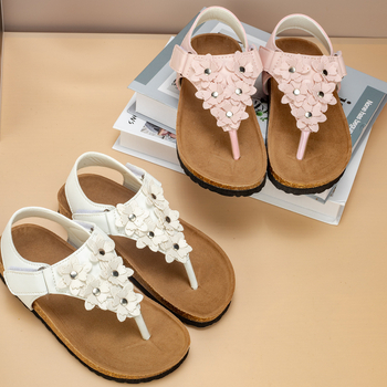 Sandale unisex din dop de plută, partea superioară din piele artificială, talpă EVA, imprimeu floral, lansare vară 2024, pentru copii 7–12 ani