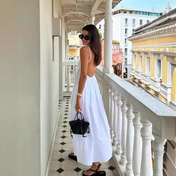 Памучна миди рокля без ръкави, без яка, свободна талия, панелна пола