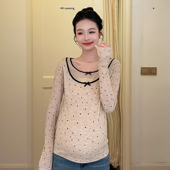 QYQY Bluza maternă cu mânecă lungă, model Nebula cu buline, guler rotund, țesătură chenille cu amestec de bumbac (<30% bumbac), stil casual japonez/coreean