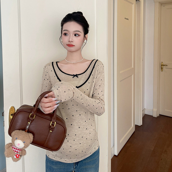 QYQY Bluza maternă cu mânecă lungă, model Nebula cu buline, guler rotund, țesătură chenille cu amestec de bumbac (<30% bumbac), stil casual japonez/coreean