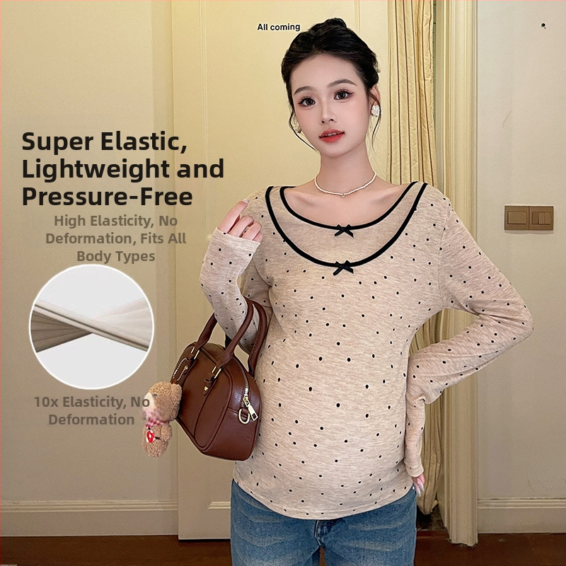 QYQY Bluza maternă cu mânecă lungă, model Nebula cu buline, guler rotund, țesătură chenille cu amestec de bumbac (<30% bumbac), stil casual japonez/coreean