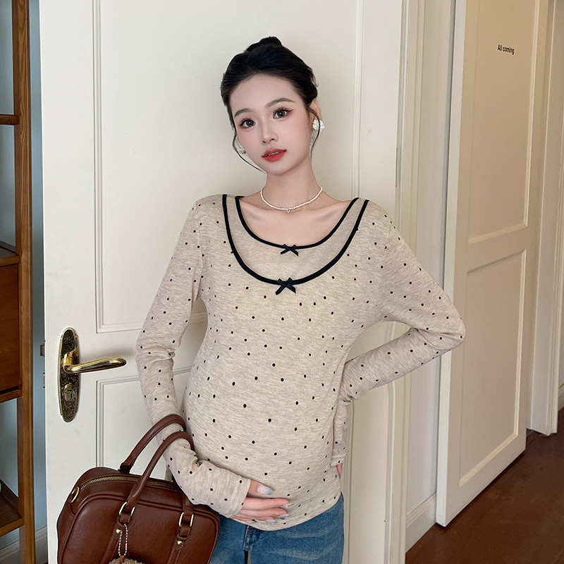 QYQY Bluza maternă cu mânecă lungă, model Nebula cu buline, guler rotund, țesătură chenille cu amestec de bumbac (<30% bumbac), stil casual japonez/coreean