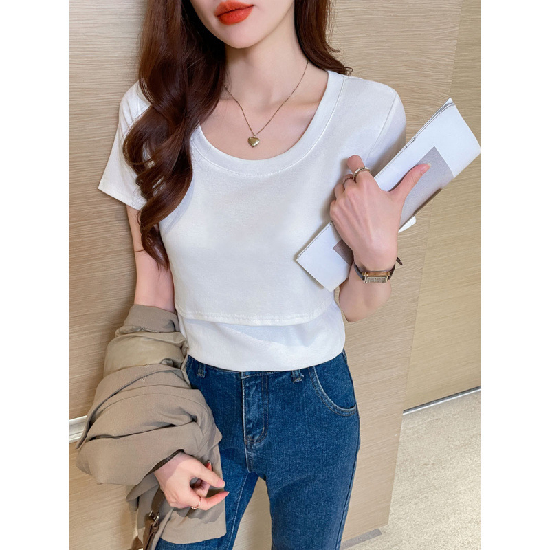 Top de alăptare din bumbac 95%+, mâneci scurte, decolteu U, lungime medie, pentru perioada postpartum