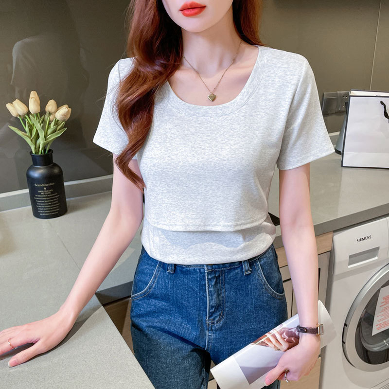 Top de alăptare din bumbac 95%+, mâneci scurte, decolteu U, lungime medie, pentru perioada postpartum