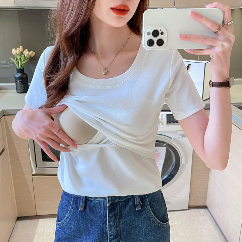 Top de alăptare din bumbac 95%+, mâneci scurte, decolteu U, lungime medie, pentru perioada postpartum