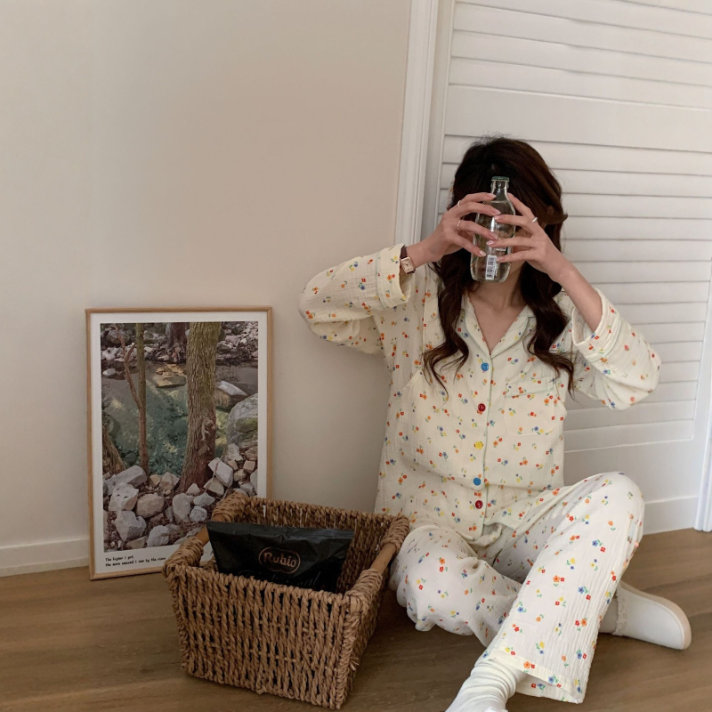 Set maternitate pentru îngrijire postpartum cu imprimeu floral, 100% bumbac, mâneci lungi și pantaloni