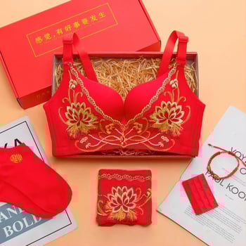 Set de lenjerie pentru nuntă în stil tradițional chinezesc, fără inele metalice; cupă 3/4; cupă modelată: subțire sus, gros jos; bretele fixe duble; închidere spate cu patru rânduri.