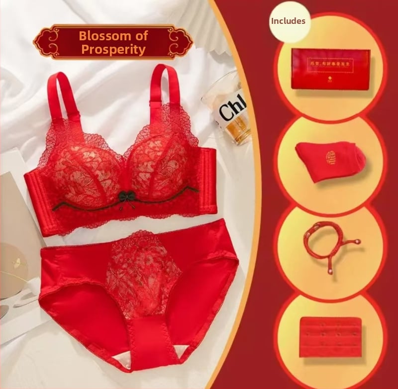 Set de lenjerie pentru nuntă în stil tradițional chinezesc, fără inele metalice; cupă 3/4; cupă modelată: subțire sus, gros jos; bretele fixe duble; închidere spate cu patru rânduri.