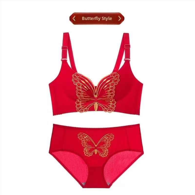 Set de lenjerie pentru nuntă în stil tradițional chinezesc, fără inele metalice; cupă 3/4; cupă modelată: subțire sus, gros jos; bretele fixe duble; închidere spate cu patru rânduri.