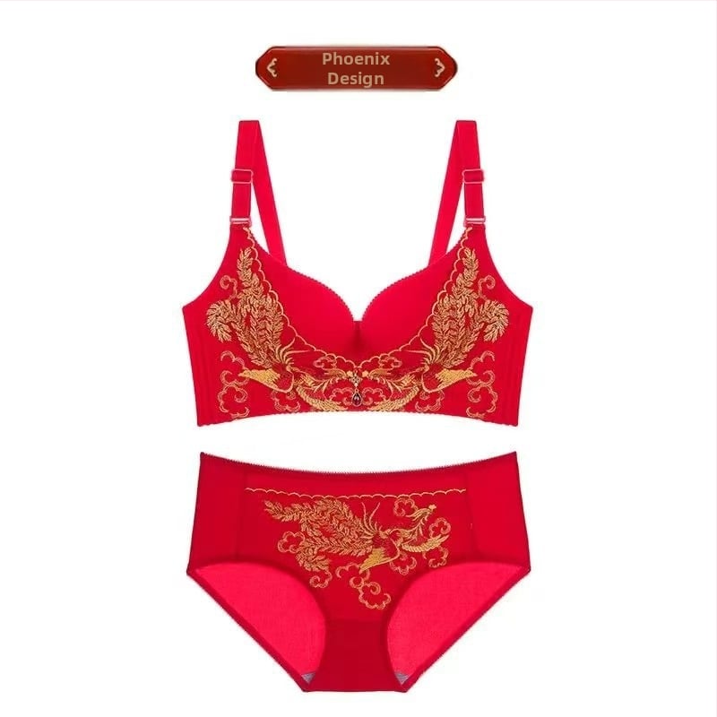 Set de lenjerie pentru nuntă în stil tradițional chinezesc, fără inele metalice; cupă 3/4; cupă modelată: subțire sus, gros jos; bretele fixe duble; închidere spate cu patru rânduri.