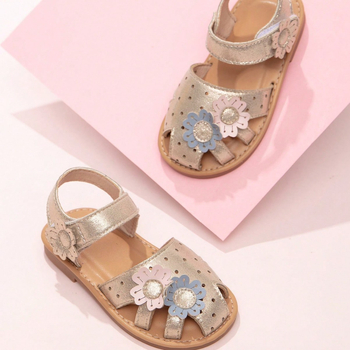 Sandale plate pentru fete, cu Velcro, partea superioară din PU, talpă din TPR, cu decor de flori, model monocrom, pentru copii 1–6 ani.