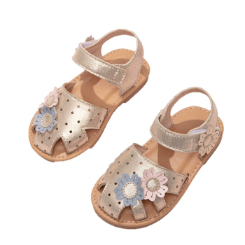 Sandale plate pentru fete, cu Velcro, partea superioară din PU, talpă din TPR, cu decor de flori, model monocrom, pentru copii 1–6 ani.