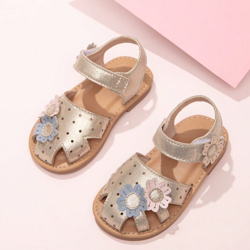 Sandale plate pentru fete, cu Velcro, partea superioară din PU, talpă din TPR, cu decor de flori, model monocrom, pentru copii 1–6 ani.