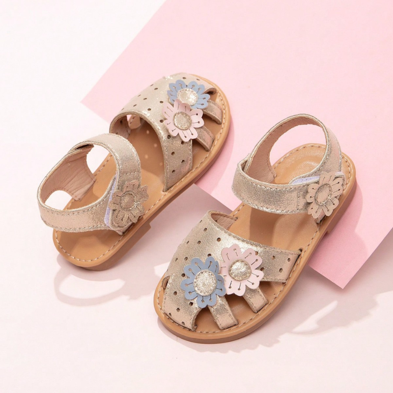 Sandale plate pentru fete, cu Velcro, partea superioară din PU, talpă din TPR, cu decor de flori, model monocrom, pentru copii 1–6 ani.