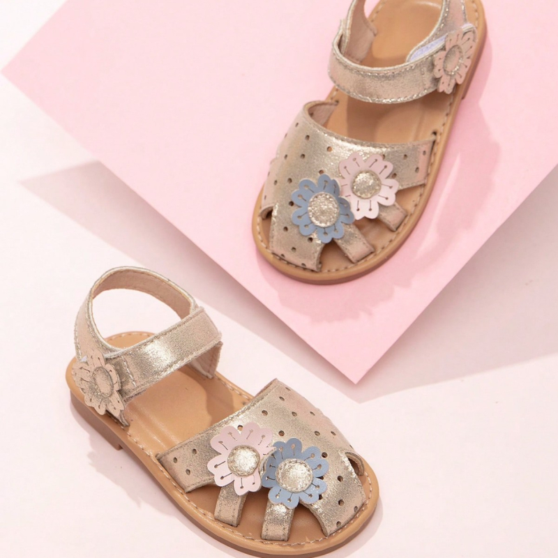 Sandale plate pentru fete, cu Velcro, partea superioară din PU, talpă din TPR, cu decor de flori, model monocrom, pentru copii 1–6 ani.