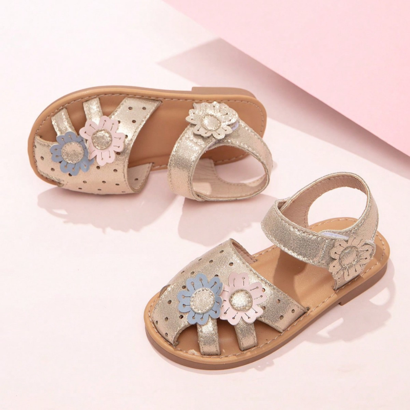 Sandale plate pentru fete, cu Velcro, partea superioară din PU, talpă din TPR, cu decor de flori, model monocrom, pentru copii 1–6 ani.