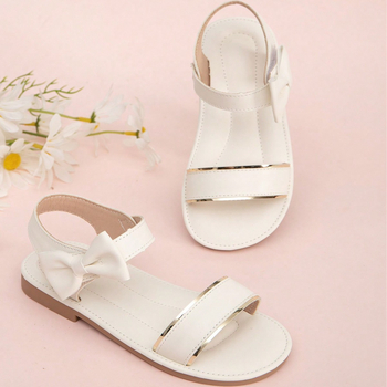 Sandale plate pentru fetițe cu funda și Velcro – partea superioară PU, talpă TPR, vârf rotund, vârsta 7–16, vară, stil prințesă