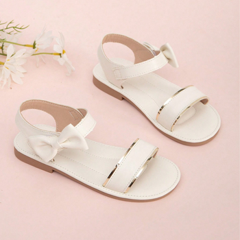 Sandale plate pentru fetițe cu funda și Velcro – partea superioară PU, talpă TPR, vârf rotund, vârsta 7–16, vară, stil prințesă