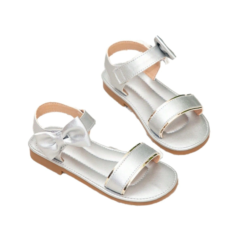 Sandale plate pentru fetițe cu funda și Velcro – partea superioară PU, talpă TPR, vârf rotund, vârsta 7–16, vară, stil prințesă