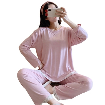 Pijamale de maternitate din modal, pentru alăptare, stil pulover simplu, mâneci lungi, pantaloni, 90–95% modal